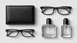 © Oke - Flat lay of black leather wallet, glasses, & two clear perfume bottles on a gray background, arranged symmetrically