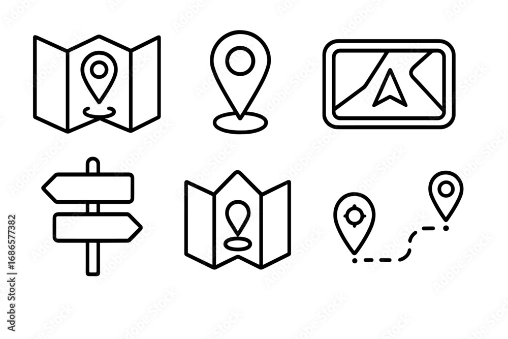 Navigation map outline icon set. GPS direction and travel symbols for ...