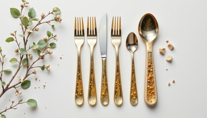 sustainable cutlery set crafted with biofilm from algae, showing translucent glowing finish, crafted for daily use, displayed on seamless white backdrop with ultra clarity.