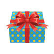 © TheNanokha - A vibrant blue gift box adorned with yellow polka dots and a large red bow, ready for a celebration.