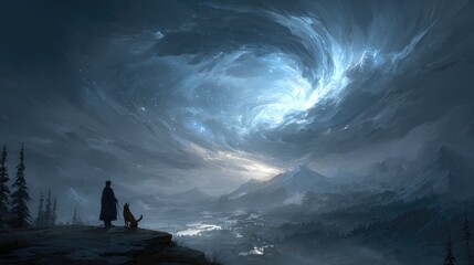 Vast, swirling celestial vortex over mountains. Figure and dog watch