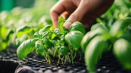 Macro shot of basil leaves growing in a hydroponic net pot, fingers gently inspecting roots, aquaponic gardening focus