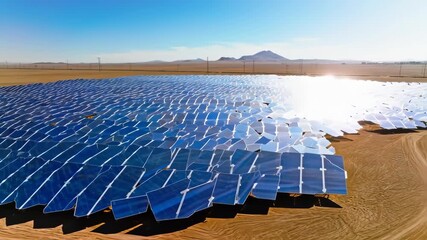Large array of solar panels in a desert landscape