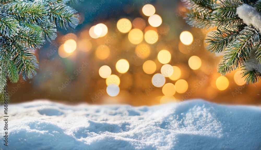 Winter Wonderland Snowy Scene With Bokeh Lights And Pine Branches Stock Winter Wonderland Snowy Scene With Bokeh Lights And Pine Branches Stock