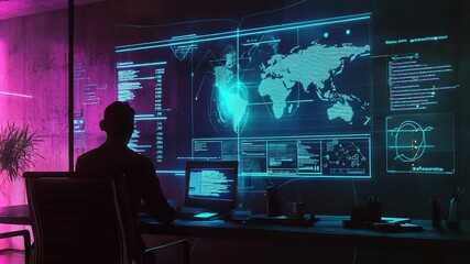 Programmer working on futuristic computer in high tech office analyzing global data