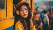 © Namwan - Chinese commuter adjusting headphones while leaning against train door window city skyline blurred in background urban lifestyle concept