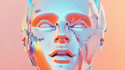 Futuristic metallic female android head bust reflecting warm light