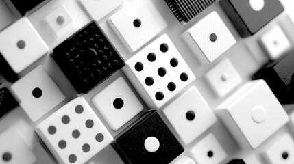 Floating textured monochrome squares and rectangles create a layered modern abstract composition with a minimal black, white, and grey palette