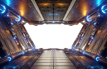Wall Mural - Metallic spaceship interior with isolated cut out transparent window. Glossy starship corridor with blue and orange glowing lights. 3D rendering
