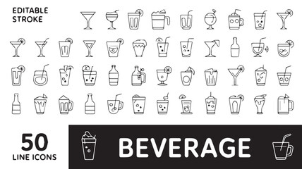 A collection of 50 minimalist line art beverage icons arranged in a grid format.  