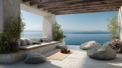 luxurious villa terrace overlooking turquoise waters offers serene ocean view and lounge seating on 