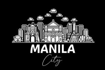 Wall Mural - Manila, Philippines architecture line skyline illustration with shadows. Linear vector cityscape with famous landmarks, city sights, design icons.