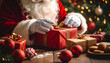 © Idah - Santa Claus meticulously wrapping a Christmas gift, surrounded by presents and festive decorations.
