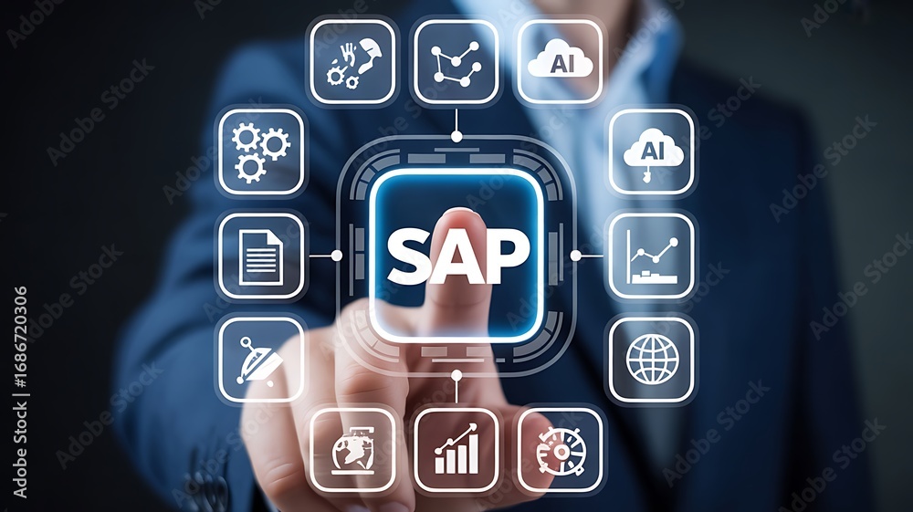 Person's index finger interacting with illuminated sap business ...