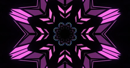 Wall Mural - 3d tunnel effect loop with kaleidoscope and a starburst pattern in neon colors on a dark background.
