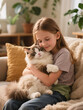 © Olia - Relaxed ADHD girl cuddling fluffy therapy cat in cozy room during supportive therapy session, natural daylight, stock photo for mental health