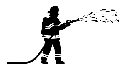Silhouette of a firefighter in uniform using a water hose to extinguish flames demonstrating fire