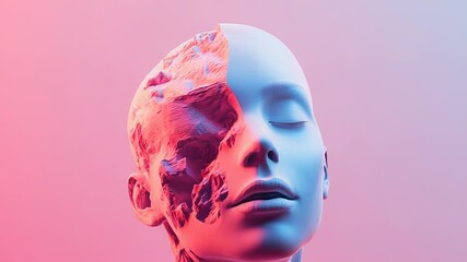 3d render of a mannequin head transforming into stone or eroding under pink and blue lighting