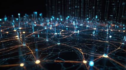 Abstract network connection structure with dots and lines in blue and yellow