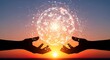 © Izdihaar - Two hands reaching towards a glowing sphere against a sunset backdrop, symbolizing connection.