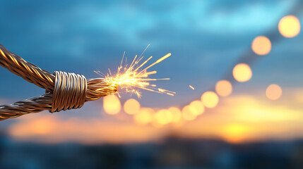 Close up of golden sparks burn. Internet technology fiber optic. 
