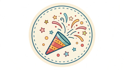 Colorful party popper exploding with confetti and stars