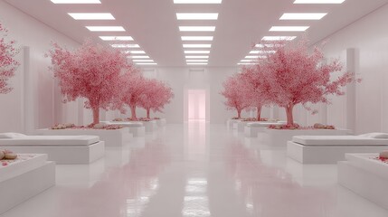 Pink blossom trees line a white hospital corridor.