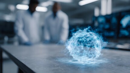 Wall Mural - futuristic glowing sphere of energy hovering above a laboratory table with scientists in the backgro
