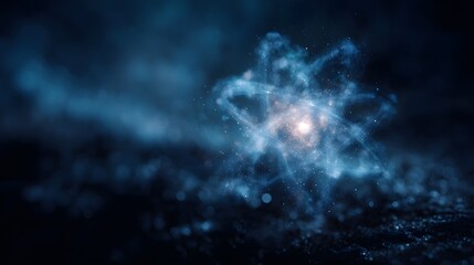 Wall Mural - glowing abstract atom model with luminous blue electrons orbiting a bright nucleus set against a dar