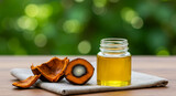 Fresh palm nut and batana oil jar on linen napkin, natural skincare and sustainable beauty