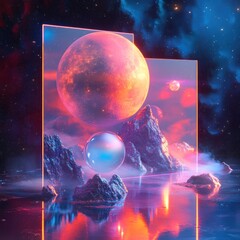 Wall Mural - Surreal cosmic landscape with planets, mountains, and reflections in a neon portal.
