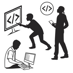 People coding and programming silhouettes computers