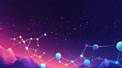 Futuristic molecules floating over surreal landscape at night