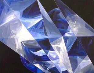 Wall Mural - abstract geometric painting with blue and white angular shapes on black background