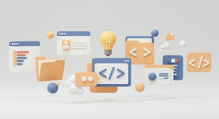 Digital icons representing coding and web development