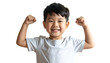 © photostockatinat - A happy child smiles, flexing his arms, demonstrating strength and confidence. The boy's expression is full of joy and positivity