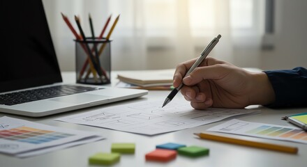 Person sketching design on paper with laptop