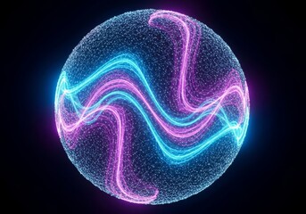 Wall Mural - Glowing Sphere with Blue and Purple Light Streams Encased in a Network on a Black Background