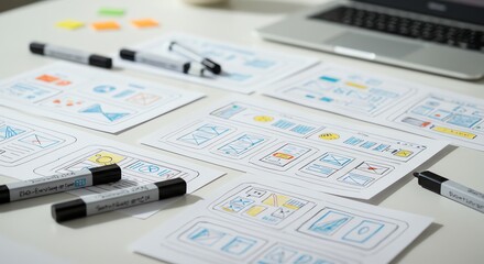 User interface sketches with markers and laptop