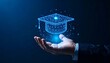 © photostockatinat - A digital representation of a graduation cap floating above a hand, symbolizing education and learning. The cap is illuminated with a network of lines and dots, indicating technology and knowledge