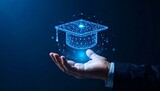 A digital representation of a graduation cap floating above a hand, symbolizing education and learning. The cap is illuminated with a network of lines and dots, indicating technology and knowledge