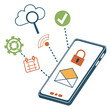 © sahana11 - Mobile phone displaying secure email and locked padlock surrounded by cloud search gear calendar wifi and checkmark icons