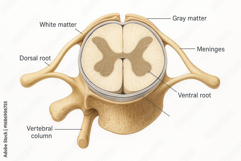 Spinal Roots Labeled Spinal Cord Anatomy Illustration with Labels, cross-section with grey ...