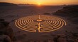 © Bashir - Mystical illuminated labyrinth glowing with warm light in vast desert landscape at sunset, evoking adventure and profound journeys.