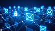 © photostockatinat - Digital network, email security concept, protecting mail communication. Digital network with glowing email and lock icons connected by lines.