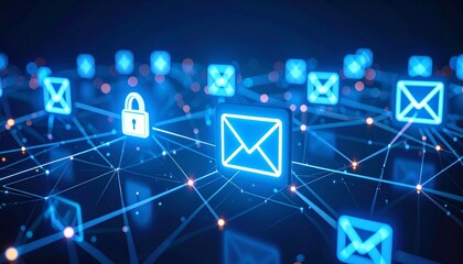 digital network, email security concept, protecting mail communication. digital network with glowing