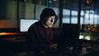 © stockbusters - Night hacker cracking databases at evening closeup. Scammer commits fraud AI