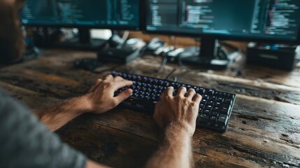Hands actively typing on a mechanical keyboard with illuminated keys set against a backdrop of dual computer monitors displaying code