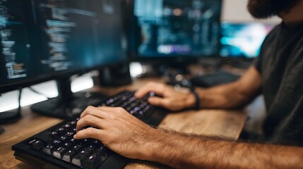 Close up of hands typing on a backlit keyboard in a modern tech workspace with multiple computer monitors