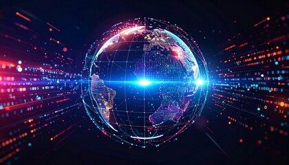 A global network concept with the Earth at its center, surrounded by a stunning display of lights and data streams